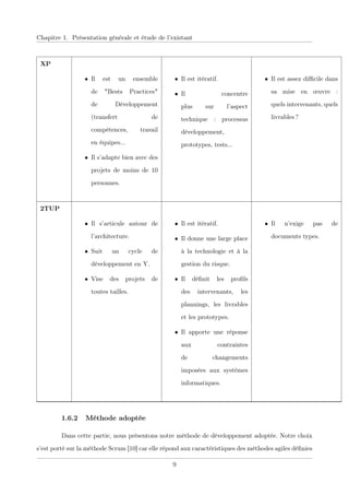Chapitre 1. Présentation générale et étude de l’existant
XP
• Il est un ensemble
de "Bests Practices"
de Développement
(transfert de
compétences, travail
en équipes...
• Il s’adapte bien avec des
projets de moins de 10
personnes.
• Il est itératif.
• Il concentre
plus sur l’aspect
technique : processus
développement,
prototypes, tests...
• Il est assez diﬃcile dans
sa mise en œuvre :
quels intervenants, quels
livrables ?
2TUP
• Il s’articule autour de
l’architecture.
• Suit un cycle de
développement en Y.
• Vise des projets de
toutes tailles.
• Il est itératif.
• Il donne une large place
à la technologie et à la
gestion du risque.
• Il déﬁnit les proﬁls
des intervenants, les
plannings, les livrables
et les prototypes.
• Il apporte une réponse
aux contraintes
de changements
imposées aux systèmes
informatiques.
• Il n’exige pas de
documents types.
1.6.2 Méthode adoptée
Dans cette partie, nous présentons notre méthode de développement adoptée. Notre choix
s’est porté sur la méthode Scrum [10] car elle répond aux caractéristiques des méthodes agiles déﬁnies
9
 