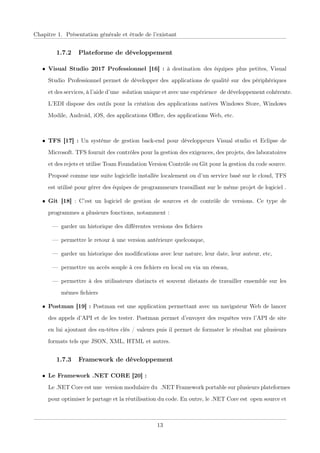 Chapitre 1. Présentation générale et étude de l’existant
1.7.2 Plateforme de développement
• Visual Studio 2017 Professionnel [16] : à destinationxdes équipesxplus petites, Visual
StudioxProfessionnel permet de développer desxapplications de qualité surxdes périphériques
et des services, à l’aide d’unexsolution unique et avec une expériencexde développement cohérente.
L’EDI dispose des outils pour la création des applications natives Windows Store, Windows
Modile, Android, iOS, des applications Oﬃce, des applications Web, etc.
• TFS [17] : Un système de gestion back-end pour développeurs Visual studio et Eclipse de
Microsoft. TFS fournit des contrôles pour la gestion des exigences, des projets, des laboratoires
et des rejets et utilise Team Foundation Version Contrôle ou Git pour la gestion du code source.
Proposé comme une suite logicielle installée localement ou d’un service basé sur le cloud, TFS
est utilisé pour gérer des équipes de programmeurs travaillant sur le même projet de logiciel .
• Git [18] : C’est un logiciel de gestion de sources et de contrôle de versions. Ce type de
programmes a plusieurs fonctions, notamment :
— garder un historique des diﬀérentes versions des ﬁchiers
— permettre le retour à une version antérieure quelconque,
— garder un historique des modiﬁcations avec leur nature, leur date, leur auteur, etc,
— permettre un accès souple à ces ﬁchiers en local ou via un réseau,
— permettre à des utilisateurs distincts et souvent distants de travailler ensemble sur les
mêmes ﬁchiers
• Postman [19] : Postman est une application permettant avec un navigateur Web de lancer
des appels d’API et de les tester. Postman permet d’envoyer des requêtes vers l’API de site
en lui ajoutant des en-têtes clés / valeurs puis il permet de formater le résultat sur plusieurs
formats tels que JSON, XML, HTML et autres.
1.7.3 Framework de développement
• Le Framework .NET CORE [20] :
Le .NET Core est unexversion modulaire dux.NET Framework portable sur plusieurs plateformes
pour optimiser le partage et la réutilisation du code. En outre, le .NET Core estxopen source et
13
 