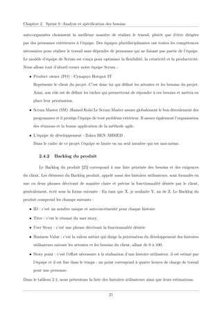 Chapitre 2. Sprint 0 :Analyse et spéciﬁcation des besoins
auto-organisées choisissent la meilleure manière de réaliser le travail, plutôt que d’être dirigées
par des personnes extérieures à l’équipe. Des équipes pluridisciplinaires ont toutes les compétences
nécessaires pour réaliser le travail sans dépendre de personnes qui ne faisant pas partie de l’équipe.
Le modèle d’équipe de Scrum est conçu pour optimiser la ﬂexibilité, la créativité et la productivité.
Nous allons tout d’abord cerner notre équipe Scrum :
• Product owner (PO) : Cynapsys Hotspot IT
Représente le client du projet. C’est donc lui qui déﬁnit les attentes et les besoins du projet.
Ainsi, son rôle est de déﬁnir les tâches qui permettront de répondre à ces besoins et mettra en
place leur priorisation.
• Scrum Master (SM) :Hamed Kolsi Le Scrum Master assure globalement le bon déroulement des
programmes et il protège l’équipe de tout problème extérieur. Il assure également l’organisation
des réunions et la bonne application de la méthode agile.
• L’équipe de développement : Zohra BEN AHMED .
Dans le cadre de ce projet l’équipe se limite en un seul membre qui est moi-même.
2.4.2 Backlog du produit
Le Backlog du produit [25] correspond à une liste priorisée des besoins et des exigences
du client. Les éléments du Backlog produit, appelé aussi des histoires utilisateurs, sont formulés en
une ou deux phrases décrivant de manière claire et précise la fonctionnalité désirée par le client,
généralement, écrit sous la forme suivante : En tant que X, je souhaite Y, an de Z. Le Backlog du
produit comprend les champs suivants :
• ID : c’est un nombre unique et auto-incrémenté pour chaque histoire
• Titre : c’est le résumé du user story,
• User Story : c’est une phrase décrivant la fonctionnalité désirée
• Business Value : c’est la valeur métier qui dirige la priorisation du développement des histoires
utilisateurs suivant les attentes et les besoins du client, allant de 0 à 100,
• Story point : c’est l’eﬀort nécessaire à la réalisation d’une histoire utilisateur. il est estimé par
l’équipe et il est ﬁxe dans le temps : un point correspond à quatre heures de charge de travail
pour une personne.
Dans le tableau 2.1, nous présentons la liste des histoires utilisateurs ainsi que leurs estimations.
21
 