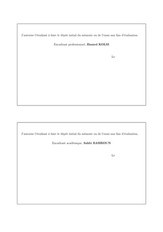 J’autorise l’étudiant à faire le dépôt initial du mémoire ou de l’essai aux ﬁns d’évaluation.
Encadrant professionnel, Hamed KOLSI
Le
J’autorise l’étudiant à faire le dépôt initial du mémoire ou de l’essai aux ﬁns d’évaluation.
Encadrant académique, Sahbi BAHROUN
Le
 