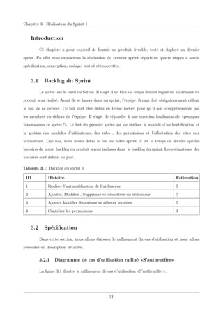 Chapitre 3. Réalisation du Sprint 1
Introduction
Ce chapitre a pour objectif de fournir un produit livrable, testé et déployé au dernier
sprint. En eﬀet,nous exposerons la réalisation du premier sprint réparti en quatre étapes à savoir
spéciﬁcation, conception, codage, test et rétrospective.
3.1 Backlog du Sprint
Le sprintxest le cœur de Scrum. Il s’agit d’un bloc de temps durant lequel unxincrément du
produit sera réalisé. Avant de se lancer dans un sprint, l’équipexScrum doit obligatoirement déﬁnir
le but de ce dernier. Ce but doit être déﬁni en terme métier pour qu’il soit compréhensible par
les membres en dehors de l’équipe.xIl s’agit de répondre à une question fondamentale «pourquoi
faisons-nous ce sprint ?». Le but du premier sprint est de réaliser le module d’authentiﬁcationxet
la gestion des modules d’utilisateurs, des rôles , desxpermissions et l’aﬀectation des rôles aux
utilisateurs.xUne fois, nous avons déﬁni le but de notre sprint, il est le temps de décider quelles
histoires de notrexbacklog du produit seront incluses dansxle backlog du sprint. Les estimationsxdes
histoires sont déﬁnis en jour.
Tableau 3.1: Backlog du sprint 1
ID Histoire Estimation
1 Réaliser l’authentiﬁcation de l’utilisateur 5
2 Ajouter, Modiﬁer , Supprimer et désactiver un utilisateur 7
3 Ajouter,Modiﬁer,Supprimer et aﬀecter les rôles 5
4 Contrôler les permissions 3
3.2 Spéciﬁcation
Dans cette section, nous allons élaborer le raﬃnement du cas d’utilisation et nous allons
présenter un description détaillée.
3.2.1 Diagramme de cas d’utilisation raﬃné «S’authentﬁer»
La ﬁgure 3.1 illustre le raﬃnement de cas d’utilisation «S’authentiﬁer».
31
 