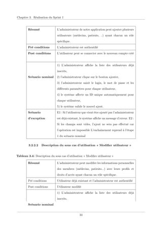 Chapitre 3. Réalisation du Sprint 1
Résumé L’administrateur de notre application peut ajouter plusieurs
utilisateurs (médecins, patients, ..) ayant chacun un rôle
spéciﬁque.
Pré conditions L’administrateur est authentiﬁé
Post conditions L’utilisateur peut se connecter avec le nouveau compte créé
Scénario nominal
1) L’administrateur aﬃche la liste des utilisateurs déjà
inscrits,
2) l’administrateur clique sur le bouton ajouter,
3) l’administrateur saisit le login, le mot de passe et les
diﬀérents paramètres pour chaque utilisateur,
4) le système aﬀecte un ID unique automatiquement pour
chaque utilisateur,
5) le système valide le nouvel ajout.
Scénario
d’exception
E1 : Si l’utilisateur que vient être ajouté par l’administrateur
est déjà existant, le système aﬃche un message d’erreur. E2 :
Si les champs sont vides, l’ajout ne sera pas eﬀectué car
l’opération est impossible L’enchaînement reprend à l’étape
1 du scénario nominal
3.2.2.2 Description du sous cas d’utilisation « Modiﬁer utilisateur »
Tableau 3.4: Description du sous cas d’utilisation « Modiﬁer utilisateur »
Résumé L’administrateur peut modiﬁer les informations personnelles
des membres (médecins, patients...) avec leurs proﬁls et
droits d’accès ayant chacun un rôle spéciﬁque.
Pré conditions Utilisateur déjà existant et l’administrateur est authentiﬁé
Post conditions Utilisateur modiﬁé
Scénario nominal
1) L’administrateur aﬃche la liste des utilisateurs déjà
inscrits,
34
 