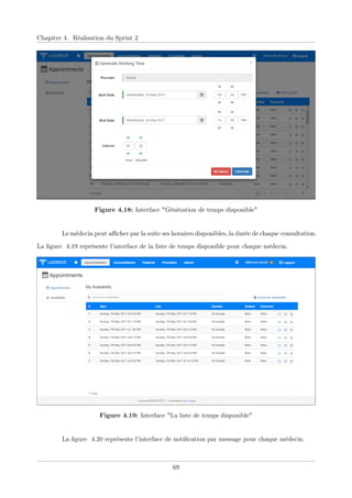 Chapitre 4. Réalisation du Sprint 2
Figure 4.18: Interface "Génération de temps disponible"
Le médecin peut aﬃcher par la suite ses horaires disponibles, la durée de chaque consultation.
La ﬁgure 4.19 représente l’interface de la liste de temps disponible pour chaque médecin.
Figure 4.19: Interface "La liste de temps disponible"
La ﬁgure 4.20 représente l’interface de notiﬁcation par message pour chaque médecin.
69
 