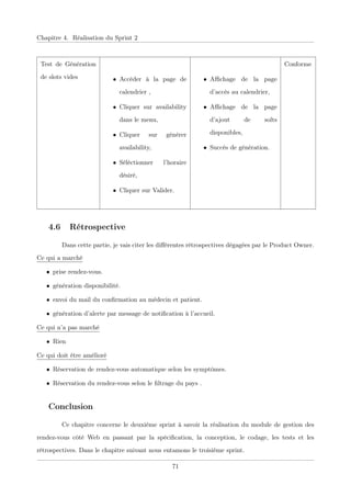 Chapitre 4. Réalisation du Sprint 2
Test de Génération
de slots vides • Accéder à la page de
calendrier ,
• Cliquer sur availability
dans le menu,
• Cliquer sur générer
availability,
• Séléctionner l’horaire
désiré,
• Cliquer sur Valider.
• Aﬃchage de la page
d’accès au calendrier,
• Aﬃchage de la page
d’ajout de solts
disponibles,
• Succés de génération.
Conforme
4.6 Rétrospective
Dans cette partie, je vais citer les diﬀérentes rétrospectives dégagées par le Product Owner.
Ce qui a marché
• prise rendez-vous.
• génération disponibilité.
• envoi du mail du conﬁrmation au médecin et patient.
• génération d’alerte par message de notiﬁcation à l’accueil.
Ce qui n’a pas marché
• Rien
Ce qui doit être amélioré
• Réservation de rendez-vous automatique selon les symptômes.
• Réservation du rendez-vous selon le ﬁltrage du pays .
Conclusion
Ce chapitre concerne le deuxième sprint à savoir la réalisation du module de gestion des
rendez-vous côté Web en passant par la spéciﬁcation, la conception, le codage, les tests et les
rétrospectives. Dans le chapitre suivant nous entamons le troisième sprint.
71
 