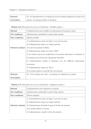 Chapitre 5. Réalisation du Sprint 3
Scénario
d’exception
E1 : Si l’administrateur ne remplit pas tous les champs obligatoires d’ajout d’un
patient, un message d’alerte se déclenche.
Tableau 5.6: Description du sous cas d’utilisation « Modiﬁer patient »
Résumé L’administrateur peut modiﬁer les informations d’un patient choisi.
Pré conditions Administrateur authentiﬁé et patient déjà existant.
Post conditions Médecin modiﬁé
Scénario nominal
1) L’administrateur saisit son login et son mot de passe,
2) l’administrateur clique sur l’onglet patients,
3) la liste des patients s’aﬃche,
4) l’administrateur clique sur l’icône "Edit",
5) une fenêtre pop-up de modiﬁcation d’un patient sélectionné se déclenche et
les champs sont activés pour changement désirable,
6) l’administrateur remplit le formulaire avec les diﬀérents informations
nécessaires,
7) l’administrateur clique sur "Save",
8) le système génére la nouvelle liste des patients.
Scénario
d’exception
E1 : Si les champs sont vides , un message de validation sera généré.
Tableau 5.7: Description du sous cas d’utilisation « Supprimer patient »
Résumé L’administrateur peut supprimer un patient.
Pré conditions Administrateur authentiﬁé et patient déjà existant.
Post conditions Patient supprimé
Scénario nominal
1) L’administrateur saisit son login et son mot de passe,
2) l’administrateur clique sur l’onglet patients,
3) l’administrateur demande la page de la liste des patients,
4) le système aﬃche ce dernier,
5) l’administrateur consulte la liste des patients ,
77
 