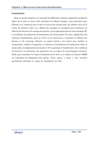 Chapitre 4 : Mise en œuvre des leviers d’amélioration
Page | 103
Conclusion
Dans ce dernier chapitre, on a présenté les différentes solutions appliquées pendant la
phase de la mise en œuvre afin minimiser les défauts d’aspect, notre principal sujet.
D’abord, on a commencé par la mise en œuvre des actions liées aux défauts issus de la
cabine de peinture. Puis, on a affiché des consignes et standards pour minimiser les
défauts des bavures et le manque de matière, sur les plaquettes dans la zone moulage LW,
et sensibiliser les opérateurs de l’importance de l’autocontrôle. En outre, l’application des
solutions d’amélioration, pour les étuves et la rainureuse, a minimisé les défauts des
fissures et de rainurage. Ensuite, un grand travail a été exercé pour faciliter la
manutention, renforcer l’aspiration et minimiser l’arrachement des plaquettes. Dans le
même cadre, Le déploiement du chantier « 5S » a participé à l’amélioration des conditions
de travail et la motivation des opérateurs via un espace de travail propre et sécurisé.
Enfin, pour minimiser le temps de changement de série, on a réalisé un chantier SMED
sur l’opération de changement des moules. Cette action a mené à des résultats
quantitatifs réduisant le temps de changement de 32%.
 