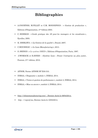 Bibliographies
Page | 106
Bibliographies
 A.COURTOIS, M.PILLET et C.M. BONNEFOUS : « Gestion de production »,
Editions d’Organisation, 4èmeédition 2003.
 C. HOHMAN : « Guide pratique des 5S pour les managers et les encadrants »,
Eyrolles, 2005.
 K. ISHIKAWA : « La Gestion de la qualité », Dunod, 2007.
 C.ROUSSEAU : « Le Lean Manufacturing », 2013.
 S. SHINGO : « Le système SMED », Editions d'Organisation, Paris, 1987.
 J.WOMACK et D.JONES : «Système Lean : Penser l'entreprise au plus juste»,
Pearson, 2ème édition, 2012.
 AFNOR, Norme AFNOR NF X50-310.
 INMAA, « Diagnostic », module 1, INMAA, 2014.
 INMAA, « Vision et gestion de performance », module 2, INMAA, 2014.
 INMAA, « Mise en œuvre », module 3, INMAA, 2014.
 http://leleanmanufacturing.com/ , Dernier Accès le 09/04/2014.
 http : //siprof.ma, Dernier Accès le 10/05/2014.
 