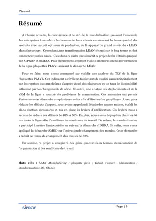 Résumé
Page | 5
Résumé
A l’heure actuelle, la concurrence et le défi de la mondialisation poussent l’ensemble
des entreprises à satisfaire les besoins de leurs clients en assurant la bonne qualité des
produits avec un coût optimum de production, de là apparaît le grand intérêt du « LEAN
Manufacturing ». Cependant, une transformation LEAN s’étend sur le long terme et doit
commencer par les bases. C’est dans ce cadre que s’inscrit ce projet de fin d’études proposé
par SIPROF et INMAA. Plus précisément, ce projet visait l’amélioration des performances
de la ligne plaquettes PL&VL suivant la démarche LEAN.
Pour ce faire, nous avons commencé par établir une analyse du TRS de la ligne
Plaquettes PL&VL. Cet indicateur a révélé un faible taux de qualité causé principalement
par les reprises dus aux défauts d’aspect visuel des plaquettes et un taux de disponibilité
influencé par les changements de série. En outre, une analyse des déplacements et de la
VSM de la ligne a montré des problèmes de manutention. Ces anomalies ont permis
d’orienter notre démarche sur plusieurs volets afin d’éliminer les gaspillages. Alors, pour
réduire les défauts d’aspect, nous avons approfondi l’étude des causes racines, établi les
plans d’action nécessaires et mis en place les leviers d’amélioration. Ces leviers nous a
permis de réduire ces défauts de 40% à 50%. En plus, nous avons déployé un chantier 5S
sur toute la ligne afin d’améliorer les conditions de travail. De même, la standardisation
a participé à mettre l’autocontrôle en suivant la démarche JIDOKA. Et enfin, nous avons
appliqué la démarche SMED sur l’opération de changement des moules. Cette démarche
a réduit ce temps de changement des moules de 23%.
En somme, ce projet a enregistré des gains qualitatifs en termes d’amélioration de
l’organisation et des conditions de travail.
Mots clés : LEAN Manufacturing ; plaquette frein ; Défaut d’aspect ; Manutention ;
Standardisation ; 5S ; SMED.
 