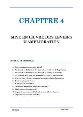 Page | 80
CHAPITRE 4
MISE EN ŒUVRE DES LEVIERS
D’AMELIORATION
CONTENU DU CHAPITRE :
1. Lancement des groupes de travail
2. Amélioration de l’aspect des plaquettes au niveau de la peinture
3. Amélioration de l’aspect des plaquettes au niveau moulage
4. Actions réalisées pour les processus étuvage et rectification
5. Mise en œuvre des actions pour la manutention et l’aspiration
6. Traitements des irritants
7. Maintenance préventive
8. Création d’un tableau d’affichage KAIZEN
9. Déploiement du chantier 5S
10. Impact des actions sur l’indicateur des défauts d’aspect
11. Déploiement du chantier SMED
 