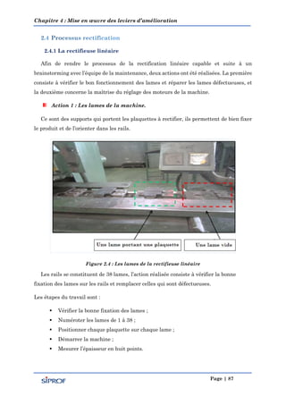 Chapitre 4 : Mise en œuvre des leviers d’amélioration
Page | 87
2.4.1 La rectifieuse linéaire
Afin de rendre le processus de la rectification linéaire capable et suite à un
brainstorming avec l’équipe de la maintenance, deux actions ont été réalisées. La première
consiste à vérifier le bon fonctionnement des lames et réparer les lames défectueuses, et
la deuxième concerne la maîtrise du réglage des moteurs de la machine.
Action 1 : Les lames de la machine.
Ce sont des supports qui portent les plaquettes à rectifier, ils permettent de bien fixer
le produit et de l’orienter dans les rails.
Figure 2.4 : Les lames de la rectifieuse linéaire
Les rails se constituent de 28 lames, l’action réalisée consiste à vérifier la bonne
fixation des lames sur les rails et remplacer celles qui sont défectueuses.
Les étapes du travail sont :
 Vérifier la bonne fixation des lames ;
 Numéroter les lames de 1 à 38 ;
 Positionner chaque plaquette sur chaque lame ;
 Démarrer la machine ;
 Mesurer l’épaisseur en huit points.
 