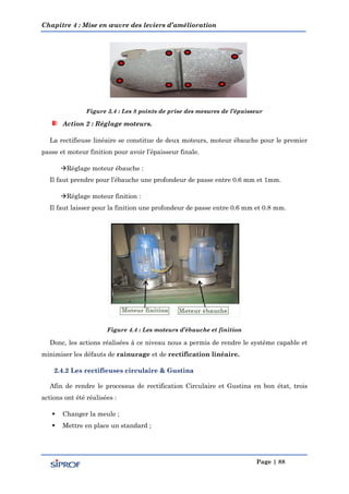 Chapitre 4 : Mise en œuvre des leviers d’amélioration
Page | 88
Figure 3.4 : Les 8 points de prise des mesures de l’épaisseur
Action 2 : Réglage moteurs.
La rectifieuse linéaire se constitue de deux moteurs, moteur ébauche pour le premier
passe et moteur finition pour avoir l’épaisseur finale.
Réglage moteur ébauche :
Il faut prendre pour l’ébauche une profondeur de passe entre 0.6 mm et 1mm.
Réglage moteur finition :
Il faut laisser pour la finition une profondeur de passe entre 0.6 mm et 0.8 mm.
Figure 4.4 : Les moteurs d’ébauche et finition
Donc, les actions réalisées à ce niveau nous a permis de rendre le système capable et
minimiser les défauts de rainurage et de rectification linéaire.
2.4.2 Les rectifieuses circulaire & Gustina
Afin de rendre le processus de rectification Circulaire et Gustina en bon état, trois
actions ont été réalisées :
 Changer la meule ;
 Mettre en place un standard ;
 