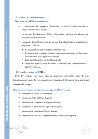2.2. Choix de la méthodologie :
                                                      Nous avons choisi UML pour ces raisons :

                                                           Les digrammes UML supportent l’abstraction. Leur niveau de détail caractérise le
                                                              niveau d’abstraction du modèle.
    SITE WEB DYNAMIQUE : LOCATION DE VOITURE 




                                                           La structure des diagrammes UML et la notation graphique des éléments de
                                                              modélisation sont normalisées.

                                                           Le recourt à des outils appropriés est un gage de productivité pour la rédaction des
                                                              diagrammes UML, car :

                                                                  Ils facilitent la navigation entre les différentes vues.
                                                                  Ils permettent de centraliser, organiser, partager et synchroniser les diagrammes
                                                                   (indispensables avec un processus itératif),
                                                                  Facilitent l’abstraction, par des filtres visuels,
                                                                  Simplifient la production de documents et autorisent (dans certaines limites) la
                                                                   génération de code.

                                                      2.3. Les diagrammes d’UML :
                                                      UML 2.0 comporte ainsi treize types de diagrammes représentant autant de vues

                                                   distinctespour représenter des concepts particuliers du système d’information. Ils se répartissent

                                                   en deuxgrands groupes :
FACULTE DES SCIENCES DE MONASTIR




                                                   Diagrammes structurels ou diagrammes statiques (UML Structure)
                                                           diagramme de classes (Class diagram)

                                                           diagramme d’objets (Object diagram)

                                                           diagramme de composants (Component diagram)

                                                           diagramme de déploiement (Deployment diagram)

                                                           diagramme de paquetages (Package diagram)

                                                           diagramme de structures composites (Composite structure diagram)




Projet de fin d’étude                                                                                                                          12
          2010
 