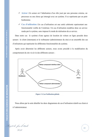  Acteur :Un acteur est l’idéalisation d’un rôle joué par une personne externe, un
                                                              processus ou une chose qui interagit avec un système. Il se représente par un petit
                                                              bonhomme.

                                                           Cas d’utilisation :Un cas d’utilisation est une unité cohérente représentant une
                                                              fonctionnalité visible de l’extérieur. Un cas d’utilisation modélise donc un service
    SITE WEB DYNAMIQUE : LOCATION DE VOITURE 




                                                              rendu par le système, sans imposer le mode de réalisation de ce service.

                                                      Dans notre cas le système d’une agence de location de voiture en ligne possède deux

                                                   acteurs : le client (internaute) et le webmaster (administrateur du site) et un ensemble des cas

                                                   d’utilisations qui représente les différentes fonctionnalités du système.

                                                      Après avoir déterminé les différents acteurs, nous avons procédé à la modélisation du

                                                   comportement du site vis-à-vis des différents acteurs :




                                                                                      Utiliser composant interface client




                                                          WebMaster
                                                                                                                                        Client



                                                                                      Utiliser composant administrateur
FACULTE DES SCIENCES DE MONASTIR




                                                                                 Figure 2 :Cas d’utilisation globale




                                                      Nous allons par la suite détailler les deux diagrammes de cas d’utilisation relatifs au client et

                                                   à l’administrateur.




Projet de fin d’étude                                                                                                                            14
          2010
 