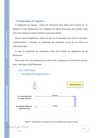 3.2. Diagrammes de séquence :
                                                      Le diagramme de séquence montre des interactions entre objets selon un point de vue

                                                   temporel. Ce type dediagramme sert à modéliser les aspects dynamiques des systèmes temps
    SITE WEB DYNAMIQUE : LOCATION DE VOITURE 




                                                   réels et des scénarios complexesmettant en œuvre peu d'objets.

                                                      Dans ce type de diagrammes, l'accent est mis sur la chronologie des envois de messages.

                                                   Lareprésentation se concentre sur l'expression des interactions et non pas sur l'état ou le

                                                   contexte des objets.

                                                      Ce type de diagramme est usuellement utilisé pour illustrer les diagrammes de cas

                                                   d'utilisation.

                                                      Dans ce qui suit, nous présenterons les scénarios des principaux cas d’utilisations des deux

                                                   côtés : côté client et côté Webmaster.


                                                              3.2.1. Côté Client :
                                                         i.     Consultation de la page d’accueil :




                                                                                                                                    page d'acceuil
FACULTE DES SCIENCES DE MONASTIR




                                                                                client




                                                                                                          1:demande
                                                          Le client demande
                                                           la page d'acceuil



                                                                                                            2:affiche
                                                        le système affiche la
                                                            page d'acceuil




                                                                     Figure 5 : Diagramme de séquence pour la consultation de la page d'accueil.


Projet de fin d’étude                                                                                                                                17
          2010
 