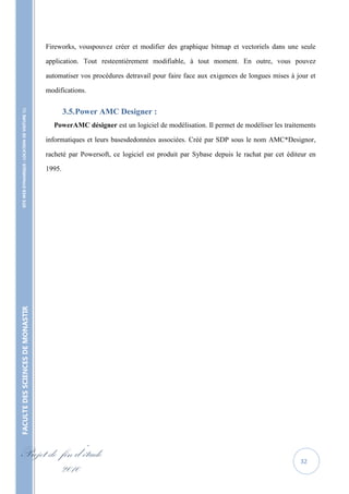 Fireworks, vouspouvez créer et modifier des graphique bitmap et vectoriels dans une seule

                                                   application. Tout resteentièrement modifiable, à tout moment. En outre, vous pouvez

                                                   automatiser vos procédures detravail pour faire face aux exigences de longues mises à jour et

                                                   modifications.
    SITE WEB DYNAMIQUE : LOCATION DE VOITURE 




                                                           3.5. Power AMC Designer :
                                                     PowerAMC désigner est un logiciel de modélisation. Il permet de modéliser les traitements

                                                   informatiques et leurs basesdedonnées associées. Créé par SDP sous le nom AMC*Designor,

                                                   racheté par Powersoft, ce logiciel est produit par Sybase depuis le rachat par cet éditeur en

                                                   1995.
FACULTE DES SCIENCES DE MONASTIR




Projet de fin d’étude                                                                                                                     32
          2010
 