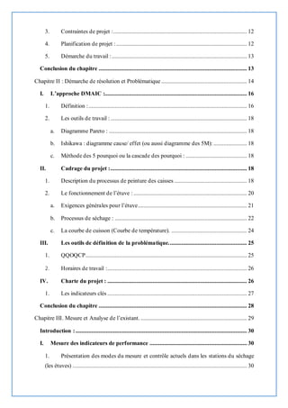 3. Contraintes de projet :............................................................................................ 12
4. Planification de projet :.......................................................................................... 12
5. Démarche du travail :............................................................................................. 13
Conclusion du chapitre ...................................................................................................... 13
Chapitre II : Démarche de résolution et Problématique ........................................................... 14
I. L’approche DMAIC :.................................................................................................. 16
1. Définition :............................................................................................................. 16
2. Les outils de travail :.............................................................................................. 18
a. Diagramme Pareto : ............................................................................................... 18
b. Ishikawa : diagramme cause/ effet (ou aussi diagramme des 5M): ....................... 18
c. Méthode des 5 pourquoi ou la cascade des pourquoi : .......................................... 18
II. Cadrage du projet :.............................................................................................. 18
1. Description du processus de peinture des caisses .................................................. 18
2. Le fonctionnement de l’étuve : .............................................................................. 20
a. Exigences générales pour l’étuve........................................................................... 21
b. Processus de séchage : ........................................................................................... 22
c. La courbe de cuisson (Courbe de température). .................................................... 24
III. Les outils de définition de la problématique...................................................... 25
1. QQOQCP............................................................................................................... 25
2. Horaires de travail :................................................................................................ 26
IV. Charte du projet : ................................................................................................ 26
1. Les indicateurs clés ................................................................................................ 27
Conclusion du chapitre ...................................................................................................... 28
Chapitre III. Mesure et Analyse de l’existant. ......................................................................... 29
Introduction :...................................................................................................................... 30
I. Mesure des indicateurs de performance ................................................................... 30
1. Présentation des modes du mesure et contrôle actuels dans les stations du séchage
(les étuves) ........................................................................................................................ 30
 