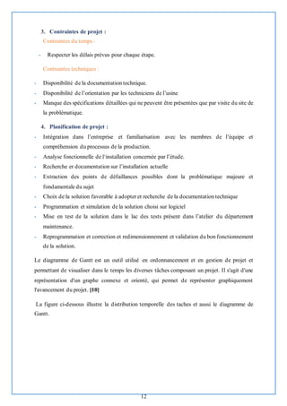 12
3. Contraintes de projet :
Contraintes du temps :
- Respecter les délais prévus pour chaque étape.
Contraintes techniques :
- Disponibilité de la documentation technique.
- Disponibilité de l’orientation par les techniciens de l’usine
- Manque des spécifications détaillées qui ne peuvent être présentées que par visite du site de
la problématique.
4. Planification de projet :
- Intégration dans l’entreprise et familiarisation avec les membres de l’équipe et
compréhension du processus de la production.
- Analyse fonctionnelle de l‘installation concernée par l’étude.
- Recherche er documentation sur l’installation actuelle
- Extraction des points de défaillances possibles dont la problématique majeure et
fondamentale du sujet
- Choix de la solution favorable à adopter et recherche de la documentation technique
- Programmation et simulation de la solution choisi sur logiciel
- Mise en test de la solution dans le lac des tests présent dans l’atelier du département
maintenance.
- Reprogrammation et correction et redimensionnement et validation du bon fonctionnement
de la solution.
Le diagramme de Gantt est un outil utilisé en ordonnancement et en gestion de projet et
permettant de visualiser dans le temps les diverses tâches composant un projet. Il s'agit d'une
représentation d'un graphe connexe et orienté, qui permet de représenter graphiquement
l'avancement du projet. [10]
La figure ci-dessous illustre la distribution temporelle des taches et aussi le diagramme de
Gantt.
 