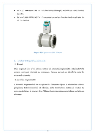 44
• Le MAG 5000 SITRANS FM : Un émetteur économique, précision de +0.4% de taux
de débit.
• Le MAG 6000 SITRANS FM : Communication par bus, fonction batch et précision de
+0.2% du débit.
Figure 30.Capteur de débit Siemens
b. Le choix de la partie de commande.
❖ Rappel
Dans ce projet nous avons choisi d’utiliser un automate programmable industriel (API)
comme composant principale de commande. Dans ce qui suit, on détaille la partie de
commande proposée.
- L’automate programmable
L’automate programmable est un système de traitement logique d’informations dont le
programme de fonctionnement est effectué à partir d’instructions établies en fonction du
processus à réaliser, la structure d’un API peut être représentée comme indiqué par la figure
ci-dessous
 