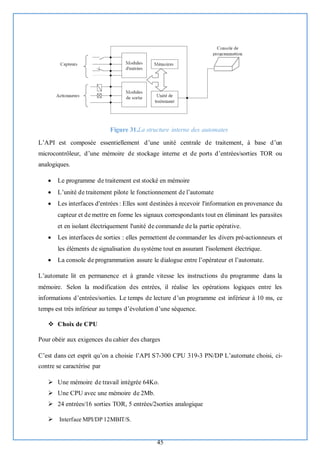45
Figure 31.La structure interne des automates
L’API est composée essentiellement d’une unité centrale de traitement, à base d’un
microcontrôleur, d’une mémoire de stockage interne et de ports d’entrées/sorties TOR ou
analogiques.
• Le programme de traitement est stocké en mémoire
• L’unité de traitement pilote le fonctionnement de l’automate
• Les interfaces d'entrées : Elles sont destinées à recevoir l'information en provenance du
capteur et de mettre en forme les signaux correspondants tout en éliminant les parasites
et en isolant électriquement l'unité de commande de la partie opérative.
• Les interfaces de sorties : elles permettent de commander les divers pré-actionneurs et
les éléments de signalisation du système tout en assurant l'isolement électrique.
• La console de programmation assure le dialogue entre l’opérateur et l’automate.
L’automate lit en permanence et à grande vitesse les instructions du programme dans la
mémoire. Selon la modification des entrées, il réalise les opérations logiques entre les
informations d’entrées/sorties. Le temps de lecture d’un programme est inférieur à 10 ms, ce
temps est très inférieur au temps d’évolution d’une séquence.
❖ Choix de CPU
Pour obéir aux exigences du cahier des charges
C’est dans cet esprit qu’on a choisie l’API S7-300 CPU 319-3 PN/DP L’automate choisi, ci-
contre se caractérise par
➢ Une mémoire de travail intégrée 64Ko.
➢ Une CPU avec une mémoire de 2Mb.
➢ 24 entrées/16 sorties TOR, 5 entrées/2sorties analogique
➢ Interface MPI/DP 12MBIT/S.
 