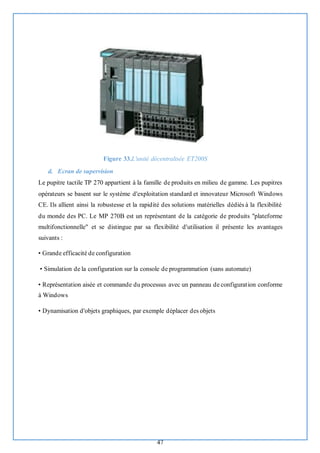 47
Figure 33.L'unité décentralisée ET200S
d. Ecran de supervision
Le pupitre tactile TP 270 appartient à la famille de produits en milieu de gamme. Les pupitres
opérateurs se basent sur le système d'exploitation standard et innovateur Microsoft Windows
CE. Ils allient ainsi la robustesse et la rapidité des solutions matérielles dédiés à la flexibilité
du monde des PC. Le MP 270B est un représentant de la catégorie de produits "plateforme
multifonctionnelle" et se distingue par sa flexibilité d'utilisation il présente les avantages
suivants :
• Grande efficacité de configuration
• Simulation de la configuration sur la console de programmation (sans automate)
• Représentation aisée et commande du processus avec un panneau de configuration conforme
à Windows
• Dynamisation d'objets graphiques, par exemple déplacer des objets
 