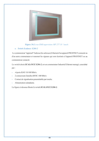 48
Figure 34.Ecran HMI supervision MP 277 10 ‘’touch
e. Switch Scalance X204-2
Le commutateur "apprend" l'adresse(les adresses) Ethernet d'unappareil PROFINETconnecté ou
d'un autre commutateur et transmet les signaux qui sont destinés à l'appareil PROFINET ou au
commutateur connecté.
Le switch choisi SCALANCEX204-2, est un commutateur Industriel Ethernet managé, caractérisé
par :
- -4 ports RJ45 10/100 Mbit/s.
- 2 connecteurs femelles BFOC 100 Mbit/s
- Contact de signalisationparamétrable par touche.
- Alimentation redondante.
La figure ci-dessous illustre le switch SCALANCEX204-2.
 