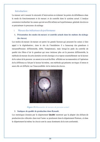 30
Introduction:
La mesure sert à assurer la nécessité d’intervention en éclairant les points de défaillances dans
le mode de fonctionnement et de mesure et de contrôle dans le système actuel. L’analyse
consistera à rechercher les causes qui ont un effet néfastesur la performance générale desétuves
et précisément le processus de séchage
I. Mesuredes indicateursdeperformance
1. Présentation des modes du mesure et contrôle actuels dans les stations du séchage
(les étuves)
Les modes de mesure de mesure est parmi les grands facteurs qui poussent les usines à faire
appel à la digitalisation ; dans le site de l’installation il a beaucoup des grandeurs à
mesurer(Pression différentielle, débit, Température), mais lorsqu’on parle du contrôle de
qualité des filtres d 'air le grandeur qui nous intéresse plus est la pression différentielle, la
méthode demesure decette dernière est très classique et se repose essentiellement sur la lecture
dela valeur dela pression en amont et en aval dufiltre affichéesur un manomètre et l’opération
de la différence se fait par le lecteur lui-même, une méthode qui présente un risque d’erreur et
aussi elle est difficile vue l’inaccessibilité de la station des étuves.
Figure 19.Manomètre de mesure de pression actuel
2. Statiques de qualité de production dans Renault.
Les statistiques données par le département Qualité montrent que la plupart des défauts de
production des véhicules dans tout l’usine se produisent dans le département Peinture, et dans
le département lui-même les étuves sont la cause dominante de la non-conformité.
 