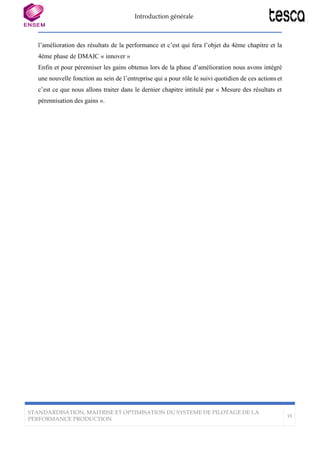 Introduction générale
STANDARDISATION, MAITRISE ET OPTIMISATION DU SYSTEME DE PILOTAGE DE LA
PERFORMANCE PRODUCTION
15
l’amélioration des résultats de la performance et c’est qui fera l’objet du 4ème chapitre et la
4ème phase de DMAIC « innover »
Enfin et pour pérenniser les gains obtenus lors de la phase d’amélioration nous avons intégré
une nouvelle fonction au sein de l’entreprise qui a pour rôle le suivi quotidien de ces actions et
c’est ce que nous allons traiter dans le dernier chapitre intitulé par « Mesure des résultats et
pérennisation des gains ».
 