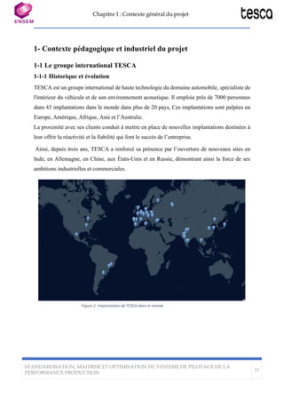 Chapitre 1 : Contexte général du projet
STANDARDISATION, MAITRISE ET OPTIMISATION DU SYSTEME DE PILOTAGE DE LA
PERFORMANCE PRODUCTION
17
1- Contexte pédagogique et industriel du projet
1-1 Le groupe international TESCA
1-1-1 Historique et évolution
TESCA est un groupe international de haute technologie du domaine automobile, spécialiste de
l'intérieur du véhicule et de son environnement acoustique. Il emploie près de 7000 personnes
dans 43 implantations dans le monde dans plus de 20 pays, Ces implantations sont palpées en
Europe, Amérique, Afrique, Asie et l’Australie.
La proximité avec ses clients conduit à mettre en place de nouvelles implantations destinées à
leur offrir la réactivité et la fiabilité qui font le succès de l’entreprise.
Ainsi, depuis trois ans, TESCA a renforcé sa présence par l’ouverture de nouveaux sites en
Inde, en Allemagne, en Chine, aux États-Unis et en Russie, démontrant ainsi la force de ses
ambitions industrielles et commerciales.
Figure 2: Implantation de TESCA dans le monde
 