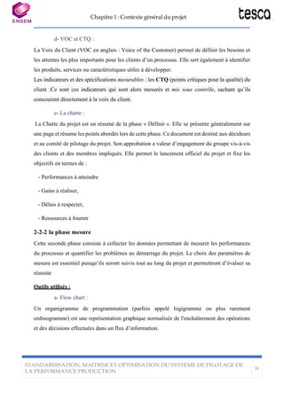 Chapitre 1 : Contexte général du projet
STANDARDISATION, MAITRISE ET OPTIMISATION DU SYSTEME DE PILOTAGE DE
LA PERFORMANCE PRODUCTION
32
d- VOC et CTQ :
La Voix du Client (VOC en anglais : Voice of the Customer) permet de définir les besoins et
les attentes les plus importants pour les clients d’un processus. Elle sert également à identifier
les produits, services ou caractéristiques utiles à développer.
Les indicateurs et des spécifications mesurables : les CTQ (points critiques pour la qualité) du
client :Ce sont ces indicateurs qui sont alors mesurés et mis sous contrôle, sachant qu’ils
concourent directement à la voix du client.
e- La charte :
La Charte du projet est un résumé de la phase « Définir ». Elle se présente généralement sur
une page et résume les points abordés lors de cette phase. Ce document est destiné aux décideurs
et au comité de pilotage du projet. Son approbation a valeur d’engagement du groupe vis-à-vis
des clients et des membres impliqués. Elle permet le lancement officiel du projet et fixe les
objectifs en termes de :
- Performances à atteindre
- Gains à réaliser,
- Délais à respecter,
- Ressources à fournir
2-2-2 la phase mesure
Cette seconde phase consiste à collecter les données permettant de mesurer les performances
du processus et quantifier les problèmes au démarrage du projet. Le choix des paramètres de
mesure est essentiel puisqu’ils seront suivis tout au long du projet et permettront d’évaluer sa
réussite
Outils utilisés :
a- Flow chart :
Un organigramme de programmation (parfois appelé logigramme ou plus rarement
ordinogramme) est une représentation graphique normalisée de l'enchaînement des opérations
et des décisions effectuées dans un flux d’information.
 