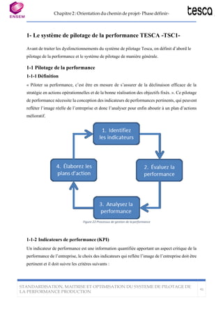 Chapitre 2 : Orientation du chemin de projet- Phase définir-
STANDARDISATION, MAITRISE ET OPTIMISATION DU SYSTEME DE PILOTAGE DE
LA PERFORMANCE PRODUCTION
41
1- Le système de pilotage de la performance TESCA -TSC1-
Avant de traiter les dysfonctionnements du système de pilotage Tesca, on définit d’abord le
pilotage de la performance et le système de pilotage de manière générale.
1-1 Pilotage de la performance
1-1-1 Définition
« Piloter sa performance, c’est être en mesure de s’assurer de la déclinaison efficace de la
stratégie en actions opérationnelles et de la bonne réalisation des objectifs fixés. ». Ce pilotage
de performance nécessite la conception des indicateurs de performances pertinents, qui peuvent
refléter l’image réelle de l’entreprise et donc l’analyser pour enfin aboutir à un plan d’actions
mélioratif.
Figure 22:Processus de gestion de laperformance
1-1-2 Indicateurs de performance (KPI)
Un indicateur de performance est une information quantifiée apportant un aspect critique de la
performance de l’entreprise, le choix des indicateurs qui reflète l’image de l’entreprise doit être
pertinent et il doit suivre les critères suivants :
 