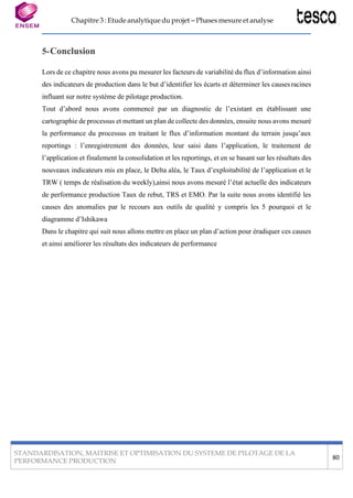 STANDARDISATION, MAITRISE ET OPTIMISATION DU SYSTEME DE PILOTAGE DE LA
PERFORMANCE PRODUCTION
80
Chapitre 3 :Etude analytique duprojet – Phasesmesure et analyse
5-Conclusion
Lors de ce chapitre nous avons pu mesurer les facteurs de variabilité du flux d’information ainsi
des indicateurs de production dans le but d’identifier les écarts et déterminer les causesracines
influant sur notre système de pilotage production.
Tout d’abord nous avons commencé par un diagnostic de l’existant en établissant une
cartographie de processus et mettant un plan de collecte des données, ensuite nous avons mesuré
la performance du processus en traitant le flux d’information montant du terrain jusqu’aux
reportings : l’enregistrement des données, leur saisi dans l’application, le traitement de
l’application et finalement la consolidation et les reportings, et en se basant sur les résultats des
nouveaux indicateurs mis en place, le Delta aléa, le Taux d’exploitabilité de l’application et le
TRW ( temps de réalisation du weekly),ainsi nous avons mesuré l’état actuelle des indicateurs
de performance production Taux de rebut, TRS et EMO. Par la suite nous avons identifié les
causes des anomalies par le recours aux outils de qualité y compris les 5 pourquoi et le
diagramme d’Ishikawa
Dans le chapitre qui suit nous allons mettre en place un plan d’action pour éradiquer ces causes
et ainsi améliorer les résultats des indicateurs de performance
 
