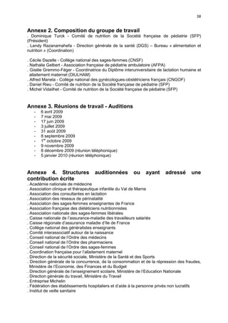 38

Annexe 2. Composition du groupe de travail
. Dominique Turck - Comité de nutrition de la Société française de pédiatrie (SFP)
(Président)
. Landy Razanamahefa - Direction générale de la santé (DGS) – Bureau « alimentation et
nutrition » (Coordination)
. Cécile Dazelle - Collège national des sages-femmes (CNSF)
. Nathalie Gelbert - Association française de pédiatrie ambulatoire (AFPA)
. Gisèle Gremmo-Féger - Coordinatrice du Diplôme interuniversitaire de lactation humaine et
allaitement maternel (DIULHAM)
. Alfred Manela - Collège national des gynécologues-obstétriciens français (CNGOF)
. Daniel Rieu - Comité de nutrition de la Société française de pédiatrie (SFP)
. Michel Vidailhet - Comité de nutrition de la Société française de pédiatrie (SFP)

Annexe 3. Réunions de travail - Auditions
-

6 avril 2009
7 mai 2009
17 juin 2009
3 juillet 2009
31 août 2009
8 septembre 2009
1er octobre 2009
9 novembre 2009
8 décembre 2009 (réunion téléphonique)
5 janvier 2010 (réunion téléphonique)

Annexe 4. Structures
contribution écrite

auditionnées

ou

ayant

adressé

une

. Académie nationale de médecine
. Association clinique et thérapeutique infantile du Val de Marne
. Association des consultantes en lactation
. Association des réseaux de périnatalité
. Association des sages-femmes enseignantes de France
. Association française des diététiciens nutritionnistes
. Association nationale des sages-femmes libérales
. Caisse nationale de l’assurance-maladie des travailleurs salariés
. Caisse régionale d’assurance maladie d’Ile de France
. Collège national des généralistes enseignants
. Comité interassociatif autour de la naissance
. Conseil national de l’Ordre des médecins
. Conseil national de l’Ordre des pharmaciens
. Conseil national de l’Ordre des sages-femmes
. Coordination française pour l’allaitement maternel
. Direction de la sécurité sociale, Ministère de la Santé et des Sports
. Direction générale de la concurrence, de la consommation et de la répression des fraudes,
Ministère de l’Economie, des Finances et du Budget
. Direction générale de l’enseignement scolaire, Ministère de l’Education Nationale
. Direction générale du travail, Ministère du Travail
. Entreprise Michelin
. Fédération des établissements hospitaliers et d’aide à la personne privés non lucratifs
. Institut de veille sanitaire

 