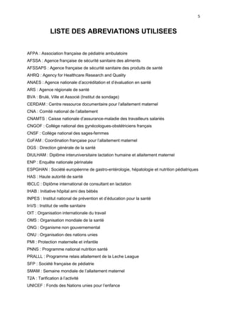 5

LISTE DES ABREVIATIONS UTILISEES
AFPA : Association française de pédiatrie ambulatoire
AFSSA : Agence française de sécurité sanitaire des aliments
AFSSAPS : Agence française de sécurité sanitaire des produits de santé
AHRQ : Agency for Healthcare Research and Quality
ANAES : Agence nationale d’accréditation et d’évaluation en santé
ARS : Agence régionale de santé
BVA : Brulé, Ville et Associé (Institut de sondage)
CERDAM : Centre ressource documentaire pour l’allaitement maternel
CNA : Comité national de l’allaitement
CNAMTS : Caisse nationale d’assurance-maladie des travailleurs salariés
CNGOF : Collège national des gynécologues-obstétriciens français
CNSF : Collège national des sages-femmes
CoFAM : Coordination française pour l’allaitement maternel
DGS : Direction générale de la santé
DIULHAM : Diplôme interuniversitaire lactation humaine et allaitement maternel
ENP : Enquête nationale périnatale
ESPGHAN : Société européenne de gastro-entérologie, hépatologie et nutrition pédiatriques
HAS : Haute autorité de santé
IBCLC : Diplôme international de consultant en lactation
IHAB : Initiative hôpital ami des bébés
INPES : Institut national de prévention et d’éducation pour la santé
InVS : Institut de veille sanitaire
OIT : Organisation internationale du travail
OMS : Organisation mondiale de la santé
ONG : Organisme non gouvernemental
ONU : Organisation des nations unies
PMI : Protection maternelle et infantile
PNNS : Programme national nutrition santé
PRALLL : Programme relais allaitement de la Leche League
SFP : Société française de pédiatrie
SMAM : Semaine mondiale de l’allaitement maternel
T2A : Tarification à l’activité
UNICEF : Fonds des Nations unies pour l’enfance

 