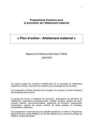 1

Propositions d’actions pour
la promotion de l’allaitement maternel

« Plan d’action : Allaitement maternel »

Rapport d...