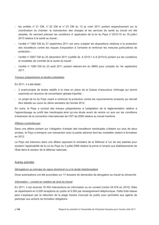 - les arrêtés n° 21 CM, n° 22 CM et n° 23 CM du 13 ja nvier 2011 portant respectivement sur la 
coordination du chantier, la manutention des charges et les services de santé au travail ont été 
adoptés. Ils viennent préciser les conditions d’ application de la loi du Pays n° 2010-10 du 19 juille t 
2010 relative à la santé au travail ; 
- l’arrêté n° 1482 CM du 27 septembre 2011 est venu a dapter les dispositions relatives à la protection 
des travailleurs contre les risques d’exposition à l’amiante et renforcer les mesures particulières de 
protection ; 
- l’arrêté n° 2067 CM du 20 décembre 2011 (codifié de A.3215-1 à A.3215-5) portant sur les conditions 
et modalités de contrôle de la durée du travail ; 
- l’arrêté n° 1280 CM du 23 août 2011 portant relèvement du SMIG pour compter du 1er septembre 
2011. 
Travaux préparatoires et études préalables 
En 2011, il a été établi : 
- 2 avant-projets de textes relatifs à la mise en place de la Caisse d’assurance chômage qui seront 
examinés en réunions de concertation globale tripartite ; 
- un projet de loi du Pays visant à renforcer la protection contre les rayonnements ionisants qui devrait 
être débattu au cours du 2ème semestre de l’année 2012. 
En outre, le Pays a conduit des travaux préparatoires à l’adaptation de la réglementation relative à 
l’apprentissage au profit des handicapés ainsi qu’une étude avant de rendre un avis sur les conditions 
d’extension de la convention internationale de l’OIT de 2006 relative au travail maritime. 
Affaires contentieuses 
Dans une affaire portant sur l’obligation d’emploi des travailleurs handicapés s’étalant sur plus de deux 
années, le Pays a entrepris une transaction avec la partie adverse dont les modalités restent à formaliser 
en 2012. 
Le Pays est intervenu dans une affaire opposant le ministère de la Défense à l’un de ses salariés pour 
soutenir l’applicabilité de la Loi du Pays du 3 juillet 2006 relative la prime à l’emploi aux établissements de 
l’Etat dans le secteur de la défense nationale. 
Autres activités 
Dérogations au principe du repos dominical ou à la durée hebdomadaire 
Onze autorisations ont été accordées sur 17 dossiers de demandes de dérogation au travail du dimanche 
Information – conseil en matière de droit du travail 
En 2011, il est recensé 18 454 interventions en information ou en conseil (contre 24 816 en 2010). Elles 
se répartissent en 9 206 réceptions du public et 9 265 par renseignement téléphonique. Cette forte baisse 
peut s’expliquer par la réduction de la plage horaire d’accueil du public pour permettre aux agents de 
participer aux actions de formation obligatoire. 
p.126 Rapport du président à l’Assemblée de Polynésie française pour l’année civile 2011 
 