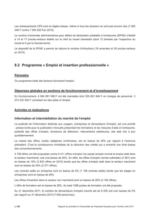 Les redressements CPS sont en légère baisse, même si tous les dossiers ne sont pas encore clos (7 265 
246 F contre 7 550 320 Fen 2010). 
Le nombre d’amendes administratives pour défaut de déclaration préalable à l’embauche (DPAE) s’établit 
à 14 et 17 procès-verbaux établis sur le chef du travail clandestin (dont 12 dressés par l’inspection du 
travail et 5 par la Gendarmerie). 
Le dispositif de la DPAE a permis de réduire le nombre d’infractions (16 amendes et 26 procès-verbaux 
en 2010). 
8.2 Programme « Emploi et insertion professionnelle » 
Périmètre 
Ce programme traite des facteurs favorisant l'emploi. 
Dépenses globales en sections de fonctionnement et d’investissement 
En fonctionnement, 4 084 891 990 F ont été mandatés dont 355 691 846 F en charges de personnel. 3 
574 232 304 F consistent en des aides à l’emploi. 
Activités et réalisations 
Information et intermédiation du marché de l’emploi 
La publicité de l’information destinée aux usagers, entreprises et demandeurs d’emploi, est une priorité 
: presse écrite pour la publication d’encarts présentant les formations et les mesures d’aide à l’embauche, 
publicité des offres d’emploi, émissions de télévision, interventions extérieures, site web mis à jour 
quotidiennement. 
La masse des offres, toutes catégories confondues, est en baisse de 26% par rapport à l’exercice 
précédent. C’est la conséquence immédiate de la réduction des crédits qui a entraîné une forte baisse 
des conventionnements. 
4 738 offres ont été proposées contre 6 411 offres d’emploi l’an passé (emploi normal et emploi aidé dans 
le secteur marchand), soit une baisse de 26%. En effet, les offres d’emploi normal collectées (2 367) sont 
en baisse de 16% (2 833 offres en 2010) tandis que les offres d’emploi aidé dans le secteur marchand 
sont en baisse de 34% (2 371 offres). 
Les contrats aidés en entreprise sont en baisse de 8% (1 198 contrats aidés) tandis que les stages en 
entreprises sont en baisse de 48%. 
Les offres d’insertion dans le secteur non marchand sont en baisse de 26% (2 162 offres). 
L’offre de formation est en baisse de 28%. Au total 1286 postes de formation ont été proposés. 
Au 31 décembre 2011, le nombre de demandeurs d’emploi inscrits est de 8 255 soit une hausse de 5% 
par rapport au 31 décembre 2010 (7 839 personnes). 
p.130 Rapport du président à l’Assemblée de Polynésie française pour l’année civile 2011 
 