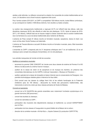 adultes a été reformée. La réflexion concernant la création d‘un ensemble de cordes traditionnelles est en 
cours. Un deuxième cours d’éveil musical a également été ouvert. 
Pour l’année scolaire 2010-2011, le CAPF a comptabilisé 1524 élèves inscrits, toutes filières confondues, 
ce qui correspond en réalité à 1408 élèves distincts, hors doubles ou triples comptes. 
La section des enseignements traditionnels a regroupé 42,7% de l’effectif total des élèves, celle des 
disciplines classiques 46,9% des effectifs et celle des arts plastiques, 10,3%. Après la baisse de 2010- 
2011 (-181 élèves), l’effectif total est en hausse malgré la baisse observée dans la section traditionnelle 
due à la fermeture du cours de danse traditionnelle dans l’antenne de Moorea. 
L’antenne de Pirae compte 91 élèves inscrits en formation musicale, saxophone, danse et chant. Les 
cours ont lieu dans l’école Fautaua val maternelle. 
L’antenne de Teavaro-Moorea a accueilli 38 élèves inscrits en formation musicale, piano, flûte traversière 
et saxophone. 
L’ensemble du CAPF a dispensé près de 31 disciplines artistiques dont 7 en art traditionnel, 22 en art 
classique (sans compter les pratiques d’ensembles), et 2 en arts plastiques. 
Les activités marquantes de l’année ont été les suivantes : 
Auditions et animations musicales 
- lancement du premier CINE CONCERT de l’année avec deux classes de sixième de Pomare IV et 60 
élèves à la découverte du cinéma muet en musique ; 
- audition de la classe de violon et de saxophone et de musique de chambre, en présence des 
concertistes internationaux du trio CAPPA, invité par l’association « Musique en Polynésie » ; 
- audition spéciale de la classe de trompette en liaison Internet avec le conservatoire de Perpignan. Une 
première technologique réalisée grâce à Internet et le Haut débit ; 
- Ciné concert avec les classes du collège Henri Hiro et les enfants handicapés de la Fraternité 
chrétienne (plus de 100 élèves) ; découverte du monde des percussions traditionnelles, des 
instruments à vent et du violon par deux classes primaires de l’école de Mataiea. 
Concerts et spectacles 
- concert de la St VALENTIN des grands ensembles avec notamment l’orchestre symphonique et la 
grande harmonie (300 personnes) ; 
- concert des lauréats du classique ; 
- concert de clarinettes du CAPF ; 
- participation des musiciens des départements classique et traditionnel, au concert SOROPTIMIST 
pour la Paix ; 
- participation de trois classes à l’inauguration du grand théâtre de la Maison de la culture ; 
- direction de la comédie musicale « Kit Kat Klub », d’après Cabaret (Co production CAPF/TFTN). 
Rapport du président à l’Assemblée de Polynésie française pour l’année civile 2011 p.151 
 