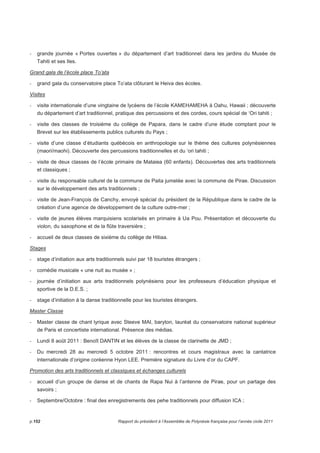 - grande journée « Portes ouvertes » du département d’art traditionnel dans les jardins du Musée de 
Tahiti et ses Iles. 
Grand gala de l’école place To’ata 
- grand gala du conservatoire place To’ata clôturant le Heiva des écoles. 
Visites 
- visite internationale d’une vingtaine de lycéens de l’école KAMEHAMEHA à Oahu, Hawaii ; découverte 
du département d’art traditionnel, pratique des percussions et des cordes, cours spécial de ‘Ori tahiti ; 
- visite des classes de troisième du collège de Papara, dans le cadre d’une étude comptant pour le 
Brevet sur les établissements publics culturels du Pays ; 
- visite d’une classe d’étudiants québécois en anthropologie sur le thème des cultures polynésiennes 
(maori/maohi). Découverte des percussions traditionnelles et du ‘ori tahiti ; 
- visite de deux classes de l’école primaire de Mataiea (60 enfants). Découvertes des arts traditionnels 
et classiques ; 
- visite du responsable culturel de la commune de Paita jumelée avec la commune de Pirae. Discussion 
sur le développement des arts traditionnels ; 
- visite de Jean-François de Canchy, envoyé spécial du président de la République dans le cadre de la 
création d’une agence de développement de la culture outre-mer ; 
- visite de jeunes élèves marquisiens scolarisés en primaire à Ua Pou. Présentation et découverte du 
violon, du saxophone et de la flûte traversière ; 
- accueil de deux classes de sixième du collège de Hitiaa. 
Stages 
- stage d’initiation aux arts traditionnels suivi par 18 touristes étrangers ; 
- comédie musicale « une nuit au musée » ; 
- journée d’initiation aux arts traditionnels polynésiens pour les professeurs d’éducation physique et 
sportive de la D.E.S. ; 
- stage d’initiation à la danse traditionnelle pour les touristes étrangers. 
Master Classe 
- Master classe de chant lyrique avec Steeve MAI, baryton, lauréat du conservatoire national supérieur 
de Paris et concertiste international. Présence des médias. 
- Lundi 8 août 2011 : Benoît DANTIN et les élèves de la classe de clarinette de JMD ; 
- Du mercredi 28 au mercredi 5 octobre 2011 : rencontres et cours magistraux avec la cantatrice 
internationale d’origine coréenne Hyon LEE. Première signature du Livre d’or du CAPF. 
Promotion des arts traditionnels et classiques et échanges culturels 
- accueil d’un groupe de danse et de chants de Rapa Nui à l’antenne de Pirae, pour un partage des 
savoirs ; 
- Septembre/Octobre : final des enregistrements des pehe traditionnels pour diffusion ICA ; 
p.152 Rapport du président à l’Assemblée de Polynésie française pour l’année civile 2011 
 