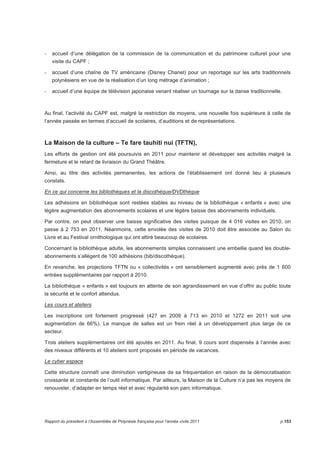 - accueil d’une délégation de la commission de la communication et du patrimoine culturel pour une 
visite du CAPF ; 
- accueil d’une chaîne de TV américaine (Disney Chanel) pour un reportage sur les arts traditionnels 
polynésiens en vue de la réalisation d’un long métrage d’animation ; 
- accueil d’une équipe de télévision japonaise venant réaliser un tournage sur la danse traditionnelle. 
Au final, l’activité du CAPF est, malgré la restriction de moyens, une nouvelle fois supérieure à celle de 
l’année passée en termes d’accueil de scolaires, d’auditions et de représentations. 
La Maison de la culture – Te fare tauhiti nui (TFTN), 
Les efforts de gestion ont été poursuivis en 2011 pour maintenir et développer ses activités malgré la 
fermeture et le retard de livraison du Grand Théâtre. 
Ainsi, au titre des activités permanentes, les actions de l’établissement ont donné lieu à plusieurs 
constats. 
En ce qui concerne les bibliothèques et la discothèque/DVDthèque 
Les adhésions en bibliothèque sont restées stables au niveau de la bibliothèque « enfants » avec une 
légère augmentation des abonnements scolaires et une légère baisse des abonnements individuels. 
Par contre, on peut observer une baisse significative des visites puisque de 4 016 visites en 2010, on 
passe à 2 753 en 2011. Néanmoins, cette envolée des visites de 2010 doit être associée au Salon du 
Livre et au Festival ornithologique qui ont attiré beaucoup de scolaires. 
Concernant la bibliothèque adulte, les abonnements simples connaissent une embellie quand les double-abonnements 
s’allègent de 100 adhésions (bib/discothèque). 
En revanche, les projections TFTN ou « collectivités » ont sensiblement augmenté avec près de 1 600 
entrées supplémentaires par rapport à 2010. 
La bibliothèque « enfants » est toujours en attente de son agrandissement en vue d’offrir au public toute 
la sécurité et le confort attendus. 
Les cours et ateliers 
Les inscriptions ont fortement progressé (427 en 2009 à 713 en 2010 et 1272 en 2011 soit une 
augmentation de 66%). Le manque de salles est un frein réel à un développement plus large de ce 
secteur. 
Trois ateliers supplémentaires ont été ajoutés en 2011. Au final, 9 cours sont dispensés à l’année avec 
des niveaux différents et 10 ateliers sont proposés en période de vacances. 
Le cyber espace 
Cette structure connaît une diminution vertigineuse de sa fréquentation en raison de la démocratisation 
croissante et constante de l’outil informatique. Par ailleurs, la Maison de la Culture n’a pas les moyens de 
renouveler, d’adapter en temps réel et avec régularité son parc informatique. 
Rapport du président à l’Assemblée de Polynésie française pour l’année civile 2011 p.153 
 