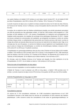 Total 131 5 337 20 534 3,85 43,6 
Les quatre hôpitaux ont totalisé 5 337 entrées en court séjour durant l’année 2011. Ils ont réalisé 25 464 
journées d’hospitalisation, dont 54% à Uturoa, 20% à Taiohae, 19% à Taravao et 7% à Moorea. 
La durée moyenne de séjour pour un patient en temps complet est autour de 4,0 dans les sites d’Uturoa, 
de Taravao et de Taiohae, et de 2,1 à Moorea. Le taux d’occupation des lits varie entre 31% et 50% selon 
les sites. 
Le secteur de la médecine dans les hôpitaux périphériques possède une activité polyvalente permettant 
une offre de proximité pour des pathologies variées. Un total de 3 062 entrées a été enregistré et 11 250 
journées ont été réalisées en 2011. Les causes d’hospitalisation en médecine sont principalement les 
maladies cardio-vasculaires, les maladies de surcharge et les pathologies infectieuses. En 2011, l’hôpital 
de Uturoa a entrepris la re-structuration de la pédiatrie, qui enregistrait une baisse en continu du nombre 
d’entrées chaque année. Le redéploiement des personnels vers d’autres services a été mené. La prise en 
charge des enfants est assurée désormais par les services de maternité et de médecine selon l’âge, et en 
chirurgie pour les cas chirurgicaux. Le service de médecine assure également une hospitalisation de jour 
pour la prise en charge des chimiothérapies. Le nombre de chimiothérapies réalisées a baissé en 2011 
(120 contre 241 en 2010) pour 15 patients cancéreux. 
L’hospitalisation en gynécologie-obstétrique dans les deux sites (Taiohae et Uturoa) dotés de lits installés, 
a totalisé 1 033 entrées et 4 837 journées (dont 72% à Uturoa). Il est enregistré en 2011, 589 naissances 
dans les hôpitaux, dont 433 à Uturoa, 81 à Taiohae et 56 à Moorea. 54 césariennes (52 à Uturoa et 2 à 
Taiohae) ont été pratiquées. On ne déplore aucun décès maternel, ni de mort-nés en 2011. 
En chirurgie, seuls les hôpitaux d’Uturoa et de Taiohae sont équipés d’un bloc opératoire et de lits 
d’hospitalisation. En 2011, ils ont réalisé un total de 1 242 entrées et 4 447 journées. 
Soins de suite et hospitalisation en long séjour 
Aucune structure hospitalière n’a de lits installés en soins de suite. 
L’hôpital de Taravao, le seul à proposer une offre en long séjour, a réalisé 4 930 journées avec 13 
entrées. La durée moyenne de séjour est de 379 et le taux d’occupation de 82% pour les 20 lits installés. 
Activité d’hospitalisation en long séjour en 2011 
Lits installés Entrées totales Journées réalisées Durée moyenne de 
séjour 
Taux d’occupation (%) 
Hôpital de 
Taravao 
20 13 4930 379,2 81,7 
Consultations externes 
Un volume de 17 219 consultations médicales, de 4 888 consultations sages-femmes et de 6 283 
consultations infirmiers a été réalisé dans les services de consultations et soins externes des hôpitaux 
périphériques. L’offre concerne surtout les consultations et des actes en gynécologie-obstétrique, en 
p.182 Rapport du président à l’Assemblée de Polynésie française pour l’année civile 2011 
 