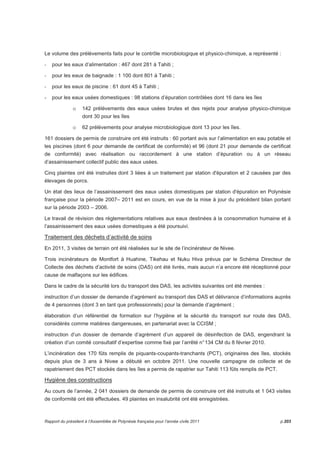 Le volume des prélèvements faits pour le contrôle microbiologique et physico-chimique, a représenté : 
- pour les eaux d’alimentation : 467 dont 281 à Tahiti ; 
- pour les eaux de baignade : 1 100 dont 801 à Tahiti ; 
- pour les eaux de piscine : 61 dont 45 à Tahiti ; 
- pour les eaux usées domestiques : 98 stations d’épuration contrôlées dont 16 dans les îles 
o 142 prélèvements des eaux usées brutes et des rejets pour analyse physico-chimique 
dont 30 pour les îles 
o 62 prélèvements pour analyse microbiologique dont 13 pour les îles. 
161 dossiers de permis de construire ont été instruits : 60 portant avis sur l’alimentation en eau potable et 
les piscines (dont 6 pour demande de certificat de conformité) et 96 (dont 21 pour demande de certificat 
de conformité) avec réalisation ou raccordement à une station d’épuration ou à un réseau 
d’assainissement collectif public des eaux usées. 
Cinq plaintes ont été instruites dont 3 liées à un traitement par station d'épuration et 2 causées par des 
élevages de porcs. 
Un état des lieux de l’assainissement des eaux usées domestiques par station d'épuration en Polynésie 
française pour la période 2007– 2011 est en cours, en vue de la mise à jour du précédent bilan portant 
sur la période 2003 – 2006. 
Le travail de révision des réglementations relatives aux eaux destinées à la consommation humaine et à 
l’assainissement des eaux usées domestiques a été poursuivi. 
Traitement des déchets d’activité de soins 
En 2011, 3 visites de terrain ont été réalisées sur le site de l’incinérateur de Nivee. 
Trois incinérateurs de Montfort à Huahine, Tikehau et Nuku Hiva prévus par le Schéma Directeur de 
Collecte des déchets d’activité de soins (DAS) ont été livrés, mais aucun n’a encore été réceptionné pour 
cause de malfaçons sur les édifices. 
Dans le cadre de la sécurité lors du transport des DAS, les activités suivantes ont été menées : 
instruction d’un dossier de demande d’agrément au transport des DAS et délivrance d’informations auprès 
de 4 personnes (dont 3 en tant que professionnels) pour la demande d’agrément ; 
élaboration d’un référentiel de formation sur l’hygiène et la sécurité du transport sur route des DAS, 
considérés comme matières dangereuses, en partenariat avec la CCISM ; 
instruction d’un dossier de demande d’agrément d’un appareil de désinfection de DAS, engendrant la 
création d’un comité consultatif d’expertise comme fixé par l’arrêté n° 134 CM du 8 février 2010. 
L’incinération des 170 fûts remplis de piquants-coupants-tranchants (PCT), originaires des îles, stockés 
depuis plus de 3 ans à Nivee a débuté en octobre 2011. Une nouvelle campagne de collecte et de 
rapatriement des PCT stockés dans les îles a permis de rapatrier sur Tahiti 113 fûts remplis de PCT. 
Hygiène des constructions 
Au cours de l’année, 2 041 dossiers de demande de permis de construire ont été instruits et 1 043 visites 
de conformité ont été effectuées. 49 plaintes en insalubrité ont été enregistrées. 
Rapport du président à l’Assemblée de Polynésie française pour l’année civile 2011 p.203 
 
