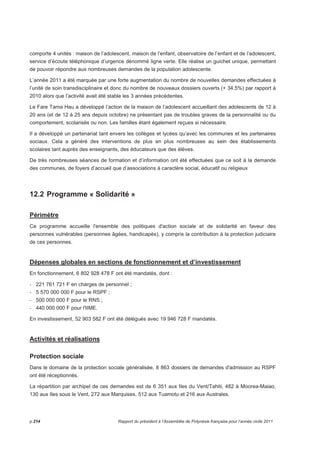 comporte 4 unités : maison de l’adolescent, maison de l’enfant, observatoire de l’enfant et de l’adolescent, 
service d’écoute téléphonique d’urgence dénommé ligne verte. Elle réalise un guichet unique, permettant 
de pouvoir répondre aux nombreuses demandes de la population adolescente. 
L’année 2011 a été marquée par une forte augmentation du nombre de nouvelles demandes effectuées à 
l’unité de soin transdisciplinaire et donc du nombre de nouveaux dossiers ouverts (+ 34.5%) par rapport à 
2010 alors que l’activité avait été stable les 3 années précédentes. 
Le Fare Tama Hau a développé l’action de la maison de l’adolescent accueillant des adolescents de 12 à 
20 ans (et de 12 à 25 ans depuis octobre) ne présentant pas de troubles graves de la personnalité ou du 
comportement, scolarisés ou non. Les familles étant également reçues si nécessaire. 
Il a développé un partenariat tant envers les collèges et lycées qu’avec les communes et les partenaires 
sociaux. Cela a généré des interventions de plus en plus nombreuses au sein des établissements 
scolaires tant auprès des enseignants, des éducateurs que des élèves. 
De très nombreuses séances de formation et d’information ont été effectuées que ce soit à la demande 
des communes, de foyers d’accueil que d’associations à caractère social, éducatif ou religieux 
12.2 Programme « Solidarité » 
Périmètre 
Ce programme accueille l'ensemble des politiques d'action sociale et de solidarité en faveur des 
personnes vulnérables (personnes âgées, handicapés), y compris la contribution à la protection judiciaire 
de ces personnes. 
Dépenses globales en sections de fonctionnement et d’investissement 
En fonctionnement, 6 802 928 478 F ont été mandatés, dont : 
- 221 761 721 F en charges de personnel ; 
- 5 570 000 000 F pour le RSPF ; 
- 500 000 000 F pour le RNS ; 
- 440 000 000 F pour l'IIME. 
En investissement, 52 903 582 F ont été délégués avec 19 946 728 F mandatés. 
Activités et réalisations 
Protection sociale 
Dans le domaine de la protection sociale généralisée, 8 863 dossiers de demandes d'admission au RSPF 
ont été réceptionnés. 
La répartition par archipel de ces demandes est de 6 351 aux Iles du Vent/Tahiti, 482 à Moorea-Maiao, 
130 aux Iles sous le Vent, 272 aux Marquises, 512 aux Tuamotu et 216 aux Australes. 
p.214 Rapport du président à l’Assemblée de Polynésie française pour l’année civile 2011 
 