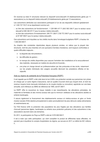 On recense au total 31 structures relevant du dispositif socio-éducatif (15 établissements gérés par 11 
associations) ou du dispositif médico-éducatif (16 établissements gérés par 13 associations). 
Les subventions attribuées aux associations participant à l’un de ces dispositifs s’élèvent globalement 
à 1 436 737 723 F et se répartissent comme suit : 
- au titre des subventions de fonctionnement : 1 228 966 417 F (643 583 546 F pour le secteur socio-éducatif 
et 585 382 871 F pour le secteur médico-éducatif) ; 
- au titre des subventions d’investissement: 206 771 306 F (138 773 348 F pour le secteur socio-éducatif 
et 67 997 958 F pour le secteur médico-éducatif). 
Ces subventions sont imputées sur les crédits inscrits dans l’enveloppe budgétaire RSPF, à hauteur de 
1 446 000 000 F. 
Au chapitre des constantes répertoriées depuis plusieurs années, on relève que la plupart des 
structures, dont les plus récentes ont une quinzaine d’années d’existence, sont toujours confrontées à 
quatre difficultés majeures : 
• la disparité des rémunérations ; 
• les difficultés de gestion ; 
• le manque de crédits disponibles pour assurer l'entretien des installations et le renouvellement 
des matériels, nécessaire en matière de sécurité et d’incendie ; 
• une prise en charge devant se professionnaliser par des protocoles et des écrits, notamment 
sur les projets individuels des usagers accueillis décrivant les prestations offertes et les 
objectifs. 
Aide au régime de solidarité de la Polynésie française (RSPF) 
Il est rappelé que le RSPF a été créé dans le but d’offrir une protection sociale aux personnes non prises 
en charge par un autre régime d’assurance, tant en qualité d’ouvrant droit que d’ayant droit, et dont les 
revenus moyens bruts mensuels individuels ou du couple (mariés ou concubins), appréciés sur une base 
annuelle, sont inférieurs au SMIG de référence de 1995, soit 87 346 F. 
Le RSPF offre la couverture du risque maladie à ses ressortissants, les allocations prénatales, de 
maternité et familiales et des minima sociaux tels que le minimum vieillesse et les allocations adultes et 
enfants handicapés. 
Il assure également le financement des établissements sociaux et médico-sociaux et gère un fonds 
d’action sociale (FAS) destiné principalement à aider ponctuellement les plus démunis (aides alimentaires 
et vestimentaires etc. 
Ce FAS finance enfin la protection des populations les plus fragiles par des allocations aux familles 
d’accueil (personnes âgées, handicapés ou enfants sous protection judiciaire) et des subventions à des 
associations oeuvrant dans ces domaines. 
En 2011, la participation du Pays au RSPF a été de 5 570 000 000 F. 
Il est à noter que cette participation, qui vient compléter le produit de différentes taxes affectées, ne 
parvient pas à équilibrer le compte d’exploitation du régime, qui accuse en 2011 un déficit de 901 millions 
F. 
Rapport du président à l’Assemblée de Polynésie française pour l’année civile 2011 p.215 
 