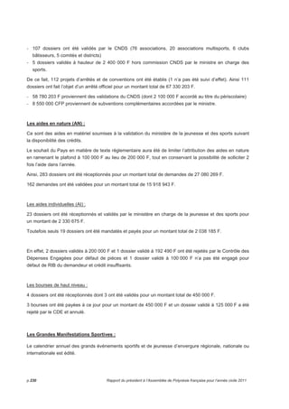 - 107 dossiers ont été validés par le CNDS (76 associations, 20 associations multisports, 6 clubs 
bâtisseurs, 5 comités et districts) 
- 5 dossiers validés à hauteur de 2 400 000 F hors commission CNDS par le ministre en charge des 
sports. 
De ce fait, 112 projets d’arrêtés et de conventions ont été établis (1 n’a pas été suivi d’effet). Ainsi 111 
dossiers ont fait l’objet d’un arrêté officiel pour un montant total de 67 330 203 F. 
- 58 780 203 F proviennent des validations du CNDS (dont 2 100 000 F accordé au titre du périscolaire) 
- 8 550 000 CFP proviennent de subventions complémentaires accordées par le ministre. 
Les aides en nature (AN) : 
Ce sont des aides en matériel soumises à la validation du ministère de la jeunesse et des sports suivant 
la disponibilité des crédits. 
Le souhait du Pays en matière de texte réglementaire aura été de limiter l’attribution des aides en nature 
en ramenant le plafond à 100 000 F au lieu de 200 000 F, tout en conservant la possibilité de solliciter 2 
fois l’aide dans l’année. 
Ainsi, 283 dossiers ont été réceptionnés pour un montant total de demandes de 27 080 269 F. 
162 demandes ont été validées pour un montant total de 15 918 943 F. 
Les aides individuelles (AI) : 
23 dossiers ont été réceptionnés et validés par le ministère en charge de la jeunesse et des sports pour 
un montant de 2 330 675 F. 
Toutefois seuls 19 dossiers ont été mandatés et payés pour un montant total de 2 038 185 F. 
En effet, 2 dossiers validés à 200 000 F et 1 dossier validé à 192 490 F ont été rejetés par le Contrôle des 
Dépenses Engagées pour défaut de pièces et 1 dossier validé à 100 000 F n’a pas été engagé pour 
défaut de RIB du demandeur et crédit insuffisants. 
Les bourses de haut niveau : 
4 dossiers ont été réceptionnés dont 3 ont été validés pour un montant total de 450 000 F. 
3 bourses ont été payées à ce jour pour un montant de 450 000 F et un dossier validé à 125 000 F a été 
rejeté par le CDE et annulé. 
Les Grandes Manifestations Sportives : 
Le calendrier annuel des grands événements sportifs et de jeunesse d’envergure régionale, nationale ou 
internationale est édité. 
p.230 Rapport du président à l’Assemblée de Polynésie française pour l’année civile 2011 
 