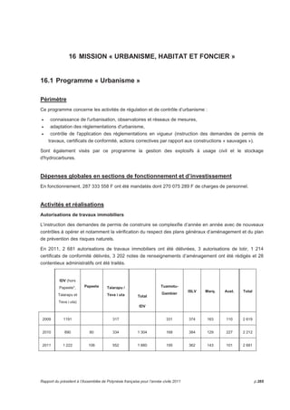 16 MISSION « URBANISME, HABITAT ET FONCIER » 
16.1 Programme « Urbanisme » 
Périmètre 
Ce programme concerne les activités de régulation et de contrôle d’urbanisme : 
• connaissance de l'urbanisation, observatoires et réseaux de mesures, 
• adaptation des réglementations d'urbanisme, 
• contrôle de l'application des réglementations en vigueur (instruction des demandes de permis de 
travaux, certificats de conformité, actions correctives par rapport aux constructions « sauvages »). 
Sont également visés par ce programme la gestion des explosifs à usage civil et le stockage 
d'hydrocarbures. 
Dépenses globales en sections de fonctionnement et d’investissement 
En fonctionnement, 287 333 558 F ont été mandatés dont 270 075 289 F de charges de personnel. 
Activités et réalisations 
Autorisations de travaux immobiliers 
L’instruction des demandes de permis de construire se complexifie d’année en année avec de nouveaux 
contrôles à opérer et notamment la vérification du respect des plans généraux d’aménagement et du plan 
de prévention des risques naturels. 
En 2011, 2 681 autorisations de travaux immobiliers ont été délivrées, 3 autorisations de lotir, 1 214 
certificats de conformité délivrés, 3 202 notes de renseignements d’aménagement ont été rédigés et 28 
contentieux administratifs ont été traités. 
IDV (hors 
Papeete*, 
Taiarapu et 
Teva i uta) 
Papeete Taiarapu / 
Teva i uta Total 
IDV 
Tuamotu- 
Gambier ISLV Marq. Aust. Total 
2009 1191 317 331 374 163 110 2 619 
2010 890 80 334 1 304 168 384 129 227 2 212 
2011 1 222 106 552 1 880 195 362 143 101 2 681 
Rapport du président à l’Assemblée de Polynésie française pour l’année civile 2011 p.265 
 