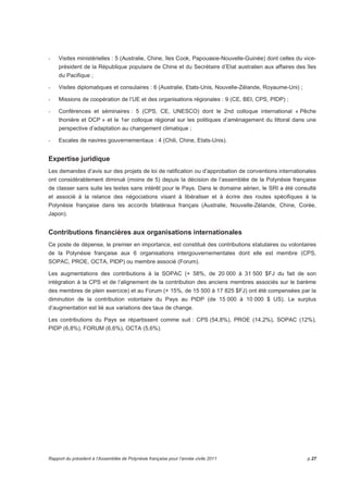 - Visites ministérielles : 5 (Australie, Chine, îles Cook, Papouasie-Nouvelle-Guinée) dont celles du vice-président 
de la République populaire de Chine et du Secrétaire d’Etat australien aux affaires des îles 
du Pacifique ; 
- Visites diplomatiques et consulaires : 6 (Australie, Etats-Unis, Nouvelle-Zélande, Royaume-Uni) ; 
- Missions de coopération de l’UE et des organisations régionales : 9 (CE, BEI, CPS, PIDP) ; 
- Conférences et séminaires : 5 (CPS, CE, UNESCO) dont le 2nd colloque international « Pêche 
thonière et DCP » et le 1er colloque régional sur les politiques d’aménagement du littoral dans une 
perspective d’adaptation au changement climatique ; 
- Escales de navires gouvernementaux : 4 (Chili, Chine, Etats-Unis). 
Expertise juridique 
Les demandes d’avis sur des projets de loi de ratification ou d’approbation de conventions internationales 
ont considérablement diminué (moins de 5) depuis la décision de l’assemblée de la Polynésie française 
de classer sans suite les textes sans intérêt pour le Pays. Dans le domaine aérien, le SRI a été consulté 
et associé à la relance des négociations visant à libéraliser et à écrire des routes spécifiques à la 
Polynésie française dans les accords bilatéraux français (Australie, Nouvelle-Zélande, Chine, Corée, 
Japon). 
Contributions financières aux organisations internationales 
Ce poste de dépense, le premier en importance, est constitué des contributions statutaires ou volontaires 
de la Polynésie française aux 6 organisations intergouvernementales dont elle est membre (CPS, 
SOPAC, PROE, OCTA, PIDP) ou membre associé (Forum). 
Les augmentations des contributions à la SOPAC (+ 58%, de 20 000 à 31 500 $FJ du fait de son 
intégration à la CPS et de l’alignement de la contribution des anciens membres associés sur le barème 
des membres de plein exercice) et au Forum (+ 15%, de 15 500 à 17 825 $FJ) ont été compensées par la 
diminution de la contribution volontaire du Pays au PIDP (de 15 000 à 10 000 $ US). Le surplus 
d’augmentation est lié aux variations des taux de change. 
Les contributions du Pays se répartissent comme suit : CPS (54,8%), PROE (14,2%), SOPAC (12%), 
PIDP (6,8%), FORUM (6,6%), OCTA (5,6%). 
Rapport du président à l’Assemblée de Polynésie française pour l’année civile 2011 p.27 
 