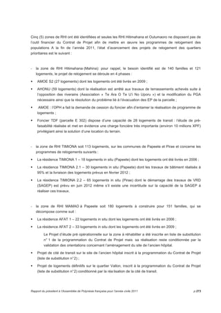 Cinq (5) zones de RHI ont été identifiées et seules les RHI Hitimahana et Outumaoro ne disposent pas de 
l’outil financier du Contrat de Projet afin de mettre en oeuvre les programmes de relogement des 
populations A la fin de l’année 2011, l’état d’avancement des projets de relogement des quartiers 
prioritaires est le suivant : 
- la zone de RHI Hitimahana (Mahina): pour rappel, le besoin identifié est de 140 familles et 121 
logements, le projet de relogement se déroule en 4 phases : 
 AMOE S2 (27 logements) dont les logements ont été livrés en 2009 ; 
 AHONU (59 logements) dont la réalisation est arrêté aux travaux de terrassements achevés suite à 
l’opposition des riverains (Association « Te Ara O Te U’i No Uporu ») et la modification du PGA 
nécessaire ainsi que la résolution du problème lié à l’évacuation des EP de la parcelle ; 
 AMOE : l’OPH a fait la demande de cession du foncier afin d’entamer la réalisation de programme de 
logements ; 
 Foncier TDF (parcelle E 302) dispose d’une capacité de 28 logements de transit : l’étude de pré-faisabilité 
réalisée et met en évidence une charge foncière très importante (environ 10 millions XPF) 
privilégiant ainsi la solution d’une location du terrain. 
- la zone de RHI TIMIONA soit 113 logements, sur les communes de Papeete et Pirae et concerne les 
programmes de relogements suivants : 
 La résidence TIMIONA 1 – 18 logements in situ (Papeete) dont les logements ont été livrés en 2006 ; 
 La résidence TIMIONA 2.1 – 30 logements in situ (Papeete) dont les travaux de bâtiment réalisés à 
95% et la livraison des logements prévus en février 2012 ; 
 La résidence TIMIONA 2.2 – 65 logements in situ (Pirae) dont le démarrage des travaux de VRD 
(SAGEP) est prévu en juin 2012 même s’il existe une incertitude sur la capacité de la SAGEP à 
réaliser ces travaux. 
- la zone de RHI MAMAO à Papeete soit 180 logements à construire pour 151 familles, qui se 
décompose comme suit : 
 La résidence AFAT 1 – 22 logements in situ dont les logements ont été livrés en 2006 ; 
 La résidence AFAT 2 – 33 logements in situ dont les logements ont été livrés en 2009 ; 
Le Projet d’étude pré opérationnelle sur la zone à réhabiliter a été inscrite en liste de substitution 
n° 1 de la programmation du Contrat de Projet mais sa réalisation reste conditionnée par la 
validation des orientations concernant l’aménagement du site de l’ancien hôpital. 
 Projet de cité de transit sur le site de l’ancien hôpital inscrit à la programmation du Contrat de Projet 
(liste de substitution n° 2) ; 
 Projet de logements définitifs sur le quartier Vallon, inscrit à la programmation du Contrat de Projet 
(liste de substitution n° 2) conditionné par la réa lisation de la cité de transit. 
Rapport du président à l’Assemblée de Polynésie française pour l’année civile 2011 p.273 
 