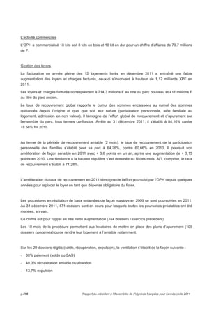 L’activité commerciale 
L’OPH a commercialisé 18 kits soit 8 kits en bois et 10 kit en dur pour un chiffre d’affaires de 73,7 millions 
de F. 
Gestion des loyers 
La facturation en année pleine des 12 logements livrés en décembre 2011 a entraîné une faible 
augmentation des loyers et charges facturés, ceux-ci s’inscrivant à hauteur de 1,12 milliards XPF en 
2011. 
Les loyers et charges facturés correspondent à 714,3 millions F au titre du parc nouveau et 411 millions F 
au titre du parc ancien. 
Le taux de recouvrement global rapporte le cumul des sommes encaissées au cumul des sommes 
quittancés depuis l’origine et quel que soit leur nature (participation personnelle, aide familiale au 
logement, admission en non valeur). Il témoigne de l’effort global de recouvrement et d’apurement sur 
l’ensemble du parc, tous termes confondus. Arrêté au 31 décembre 2011, il s’établit à 84,16% contre 
78.56% fin 2010. 
Au terme de la période de recouvrement amiable (2 mois), le taux de recouvrement de la participation 
personnelle des familles s’établit pour sa part à 64,26%, contre 60,66% en 2010. Il poursuit son 
amélioration de façon sensible en 2011 avec + 3,6 points en un an, après une augmentation de + 3,15 
points en 2010. Une tendance à la hausse régulière s’est dessinée au fil des mois. AFL comprise, le taux 
de recouvrement s’établit à 71,28%. 
L’amélioration du taux de recouvrement en 2011 témoigne de l’effort poursuivi par l’OPH depuis quelques 
années pour replacer le loyer en tant que dépense obligatoire du foyer. 
Les procédures en résiliation de baux entamées de façon massive en 2009 se sont poursuivies en 2011. 
Au 31 décembre 2011, 471 dossiers sont en cours pour lesquels toutes les poursuites préalables ont été 
menées, en vain. 
Ce chiffre est pour rappel en très nette augmentation (244 dossiers l’exercice précédent). 
Les 18 mois de la procédure permettent aux locataires de mettre en place des plans d’apurement (109 
dossiers concernés) ou de rendre leur logement à l’amiable notamment. 
Sur les 29 dossiers réglés (solde, récupération, expulsion), la ventilation s’établit de la façon suivante : 
- 38% paiement (solde ou SAS) 
- 48,3% récupération amiable ou abandon 
- 13,7% expulsion 
p.276 Rapport du président à l’Assemblée de Polynésie française pour l’année civile 2011 
 