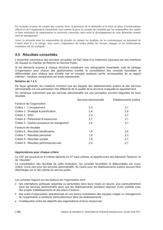 Une photo en 9 clichés 
Le CAF est structuré en 9 critères déclinés en 27 sous-critères, et répartis entre des éléments facteurs et 
de résultats : 
1. Leadership 
Evaluer la réalisation des missions de l’entité et de la vision de l’organisation publique par la direction. La 
motivation et le soutien du personnel ainsi que l'implication de chacun, y compris les citoyens-clients et les 
partenaires, seront évalués. 
2. Stratégie et planification 
Analyser les modalités de mise en oeuvre de la mission et de la vision du service public. Une stratégie 
claire et orientée vers les parties prenantes soutenue par des politiques, des plans, des objectifs et des 
processus appropriés. 
3. Gestion des Ressources humaines 
Détailler la manière dont l’entité gère et développe les connaissances et le potentiel des agents. Soutien à 
la formation, dialogue instauré entre les agents et la direction sont quelques angles concrets d'approche 
de ce critère. 
4. Partenariats externes et ressources 
Evaluer la gestion des partenariats externes, des ressources internes dont l'information et les technologies 
de l'information, et l’existence de démarches de comparaison avec d'autres organisations publiques. 
5. Gestion des processus et du changement 
Préciser la manière dont les processus sont conçus, gérés et améliorés, comment le changement est 
planifié et géré. Apprécier la réalité de l'ouverture et de la compréhension vers les usagers-clients, de leur 
responsabilisation. 
6. Résultats auprès des citoyens-clients 
Apprécier le processus d'amélioration de la qualité des informations ainsi que de l'accessibilité du public, 
mais aussi les modalités de prise en compte par l’entité des résultats atteints pour satisfaire les besoins et 
les attentes des citoyens-clients. 
7. Résultats auprès du personnel 
Rapport du président à l’ Assemblée de Polynésie française pour l’année civile 2011 p.339 
 
