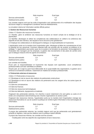 La commande passée à l’ensemble des responsables de l’administration du Pays ne porte que sur la 
première étape de la démarche CAF : Le diagnostic. 
La démarche d'auto-évaluation interne mobilise, sur la base du consensus, un chef de projet et des 
agents évaluateurs. Le groupe représentatif de l'organisation débat des 9 critères et attribue une cote 
commentée pour chacun d'eux. 
Le CAF ne nécessite donc aucun frais externe et ses résultats seront totalement confidentiels si 
l'organisation le souhaite. 
L’équipe RSP a mis un accompagnement personnalisé à la disposition des responsables d’entités et des 
chefs de projets sur demande. 
Les délais fixés 
La commande de l’exercice a été intégrée à l’élaboration des éléments du rapport d’activité annuel 2010 
du Président à l’Assemblée dans sa partie des mesures d’amélioration engagées. 
Lancé en décembre 2010, les retours de l’exercice étaient attendus entre janvier et avril 2011. 
A priori, l’application de cette démarche ne devait ne nécessiter que trois ou quatre demi-journées de 
travail. 
L’analyse par RSP 
Les documents remis par les chefs de projets des entités ayant mené la démarche à son terme ont été 
analysés par l’équipe RSP, dans une double optique : comprendre le ressenti des équipes dans chaque 
structure (identifier les axes de progression propre à chaque structure) et identifier les grandes 
thématiques relevées par tous. 
Les suites à court et moyen terme 
Dans le cadre de la transmission du rapport d’activité à l’APF par le Président du Pays et présentant l’état 
des lieux du service public, une première évocation du CAF est réalisée sous la forme d’une consolidation 
synthétique des résultats obtenus et faisant état d‘un diagnostic de la situation. 
L’identification des pistes d’avancement, l’application des recommandations et la poursuite des 
démarches d’amélioration d’un système qualité appliqué aux organisations de l’administration 
polynésienne sont confiées aux responsables d’entité qui pourront alors définir les actions et stratégies à 
mettre en place. 
Enfin, il est souhaité que les services et établissements s’approprient et perpétuent la démarche CAF. 
4.3 Les étapes du processus 
Sur la base de la méthodologie proposée dans le cadre de la démarche CAF, l’action a été structurée en 
trois phases pour les entités souhaitant intégrer cette démarche : 
Préparation et organisation 
• Désignation d’un chef de projet CAF par le responsable de l’entité 
Le chef de projet est animateur du groupe, chargé de la présentation de la démarche et de l’outil au 
groupe d’évaluateurs, de l’animation de la (ou des) réunion(s) de consensus et de la rédaction de la 
synthèse des résultats. Il a été posé la contrainte que le chef de projet ne soit pas le chef de l’entité, sauf 
pour des entités quasi-unipersonnelles. 
• Composition du groupe d’auto-évaluateurs par le responsable de l’entité et le chef de 
projet 
Il était recommandé de limiter le groupe à une dizaine de personnes au maximum intégrant un panel des 
différentes composantes de l’entité : personnel administratif, technique, autre ; cadre A, B, C et D et, si 
possible, une répartition entre hommes et femmes représentative de celle de l’entité. 
• Information du groupe sur les buts et les modalités de la démarche 
Rapport du président à l’ Assemblée de Polynésie française pour l’année civile 2011 p.341 
 